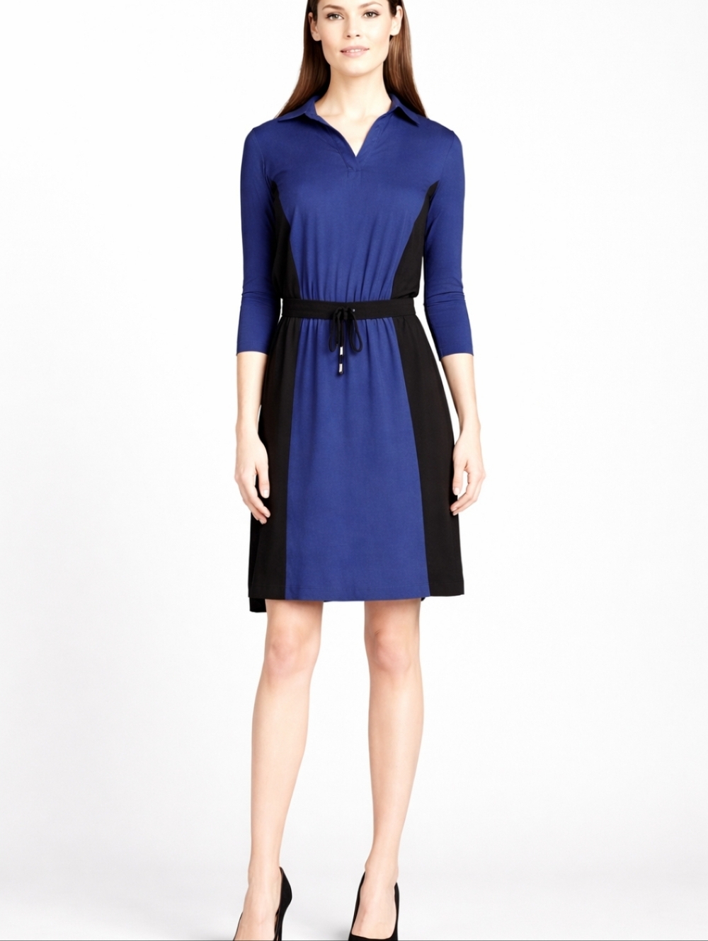 White + Warren Blue/Black Colorblock Drawstring Comfy Knit Polo Dress Sz M